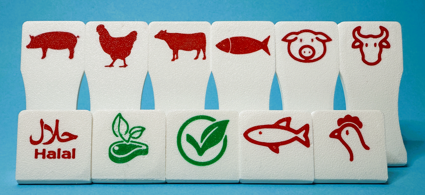 Thekensaufsteller – Schwein · Rind · Fisch · Geflügel · Halal · Vegan · Fleischersatz